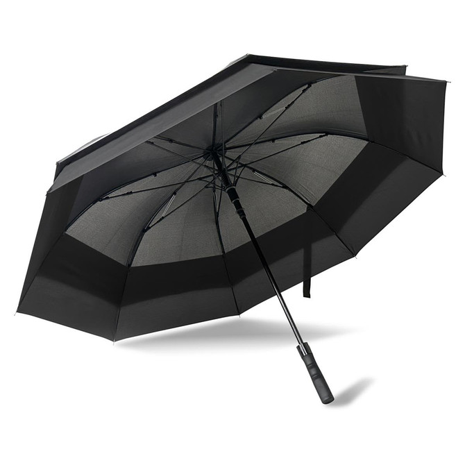 A black Expanse umbrella with a sturdy handle and a wide canopy, featuring a sleek design and a logo.