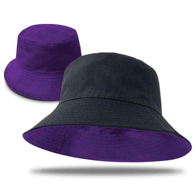 A reversible bucket hat featuring purple on one side and black on the other, with a logo present.