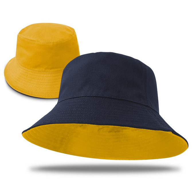 A reversible bucket hat featuring navy and yellow colours, with a logo on the side.