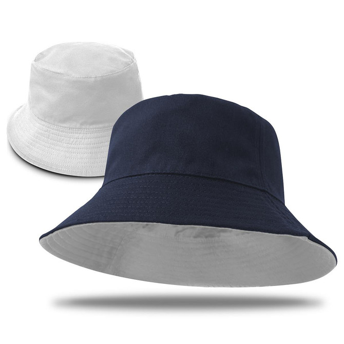 A reversible bucket hat in navy and white, featuring a simple design and logo on the band.