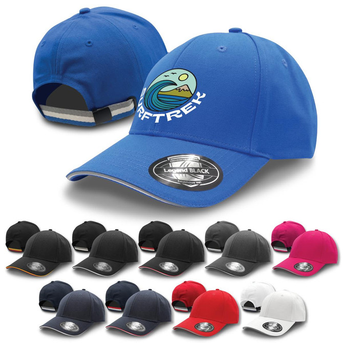 A blue cap with a logo, featuring various additional caps in black, white, pink, and other colours.