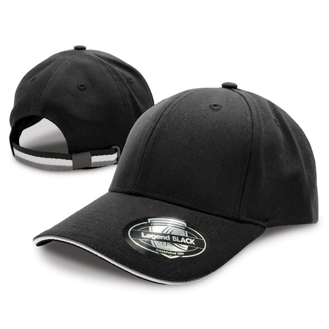 A black cap with a curved brim, featuring a logo and a rear adjustable strap.