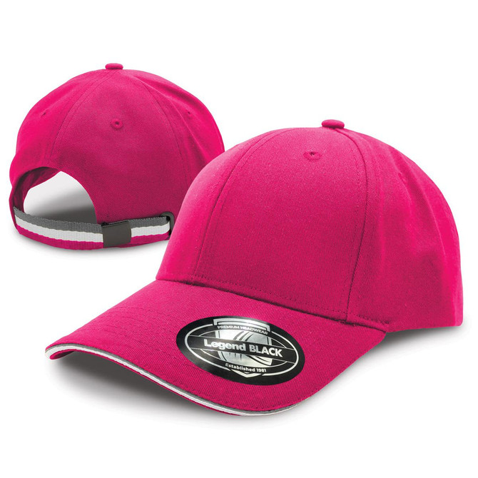 A pink cap featuring a curved brim and an adjustable strap, with a logo on the front.