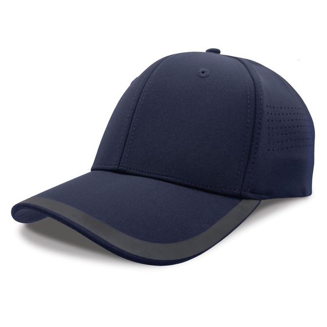 A navy cap with a sleek design, featuring a curved brim and a logo on the front.