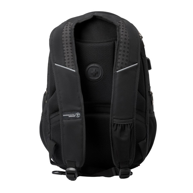 A black Swissdigital Neptune Backpack with padded shoulder straps and a sleek design. It features a logo and multiple compartments.
