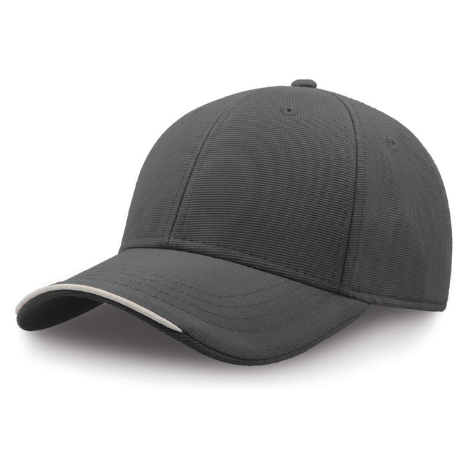 A grey cap made from recycled polyester with a curved brim and a logo on the front.