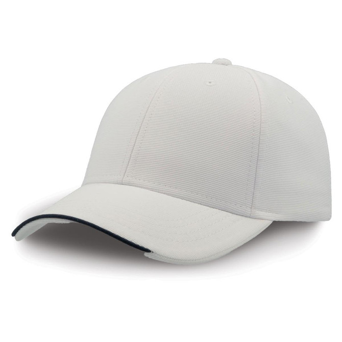 A light-coloured cap with a contrasting dark brim, made from recycled polyester, featuring a logo on the side.