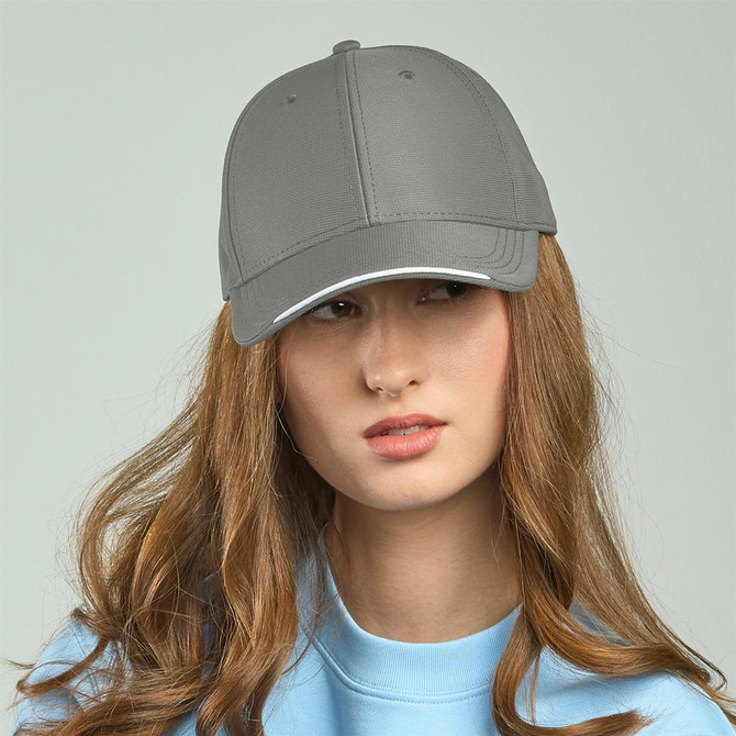 A grey cap made from recycled polyester, featuring a contrasting white brim and a logo on the front.