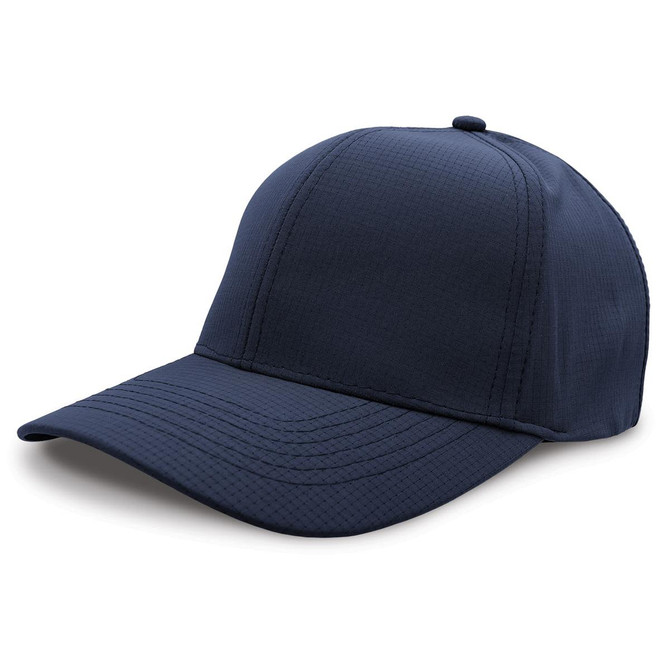 A navy blue cap with a structured design featuring a slightly curved brim and a seamless crown. It has a logo on the side.