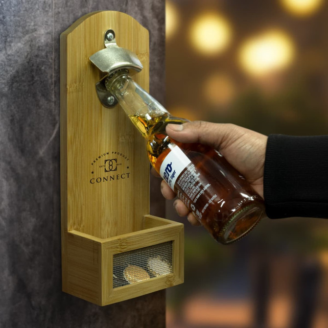 A drink bottle opener made of natural bamboo, featuring a silver opener and a small storage compartment for caps.