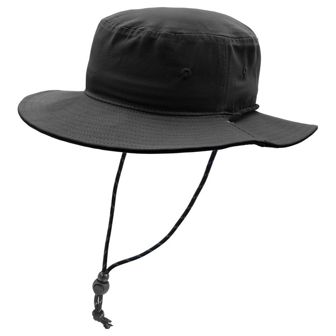 A black brim and bucket hat with a chin strap and a logo.