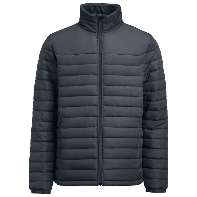 A padded jacket in dark grey with a zip front and high collar. Features horizontal quilting and a branding logo.