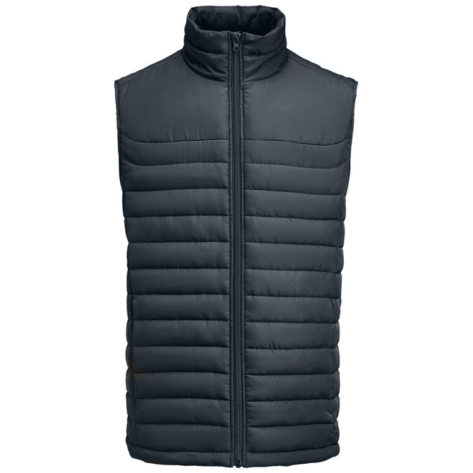 A dark grey men's padded vest with a high collar and vertical stitching, featuring a front zip closure and brand logo.