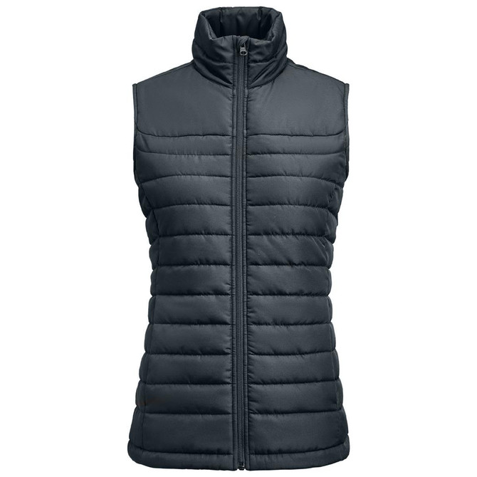 A padded women's vest in dark grey with a high collar and zip front, featuring a quilted design and no sleeves.