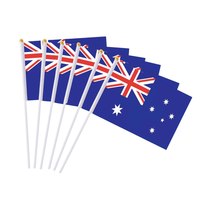A set of Australian flags with white poles, featuring a blue background and gold accents.