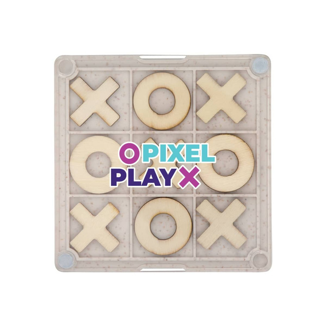 A Noughts & Crosses coaster featuring a clear background with wooden X and O pieces arranged in a grid, along with a logo.