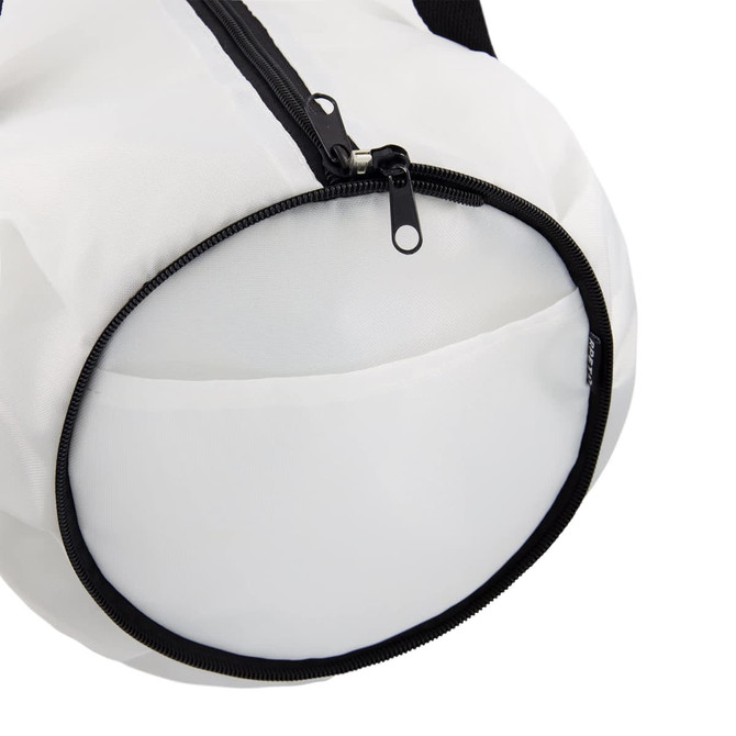 A white duffle bag with a black zipper and trim, featuring a circular bottom design.