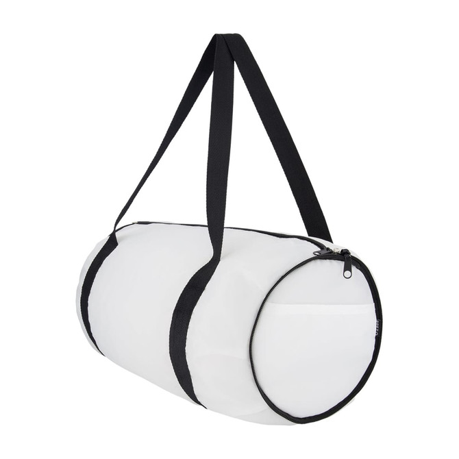 A white duffle bag with black straps and a zippered pocket, featuring a logo on the side.