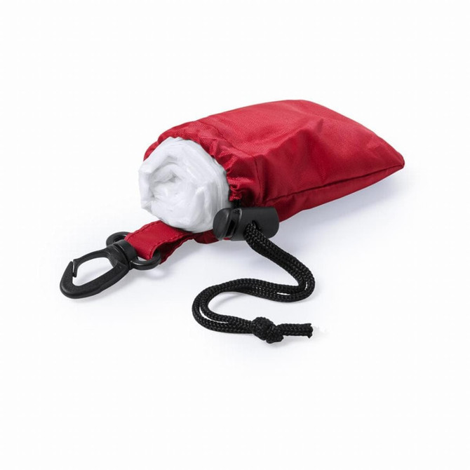 A red pouch containing a rolled-up white poncho, secured with a drawstring and clip for portability.