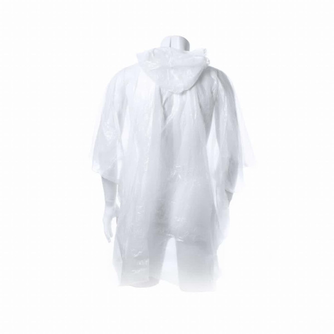 A white poncho made of LDPE material, featuring a hood and loose-fitting sleeves, displayed on a mannequin.
