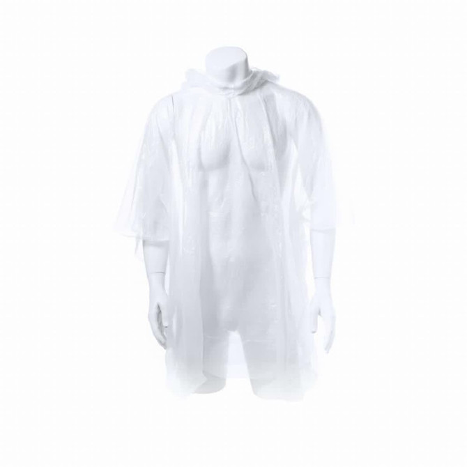 A white LDPE poncho displayed on a mannequin, featuring a hood and loose-fitting sleeves. It has a logo.