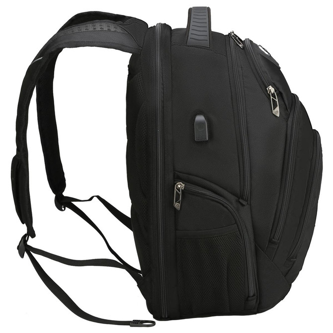 A black backpack featuring multiple zipped compartments and padded shoulder straps, with a logo displayed.