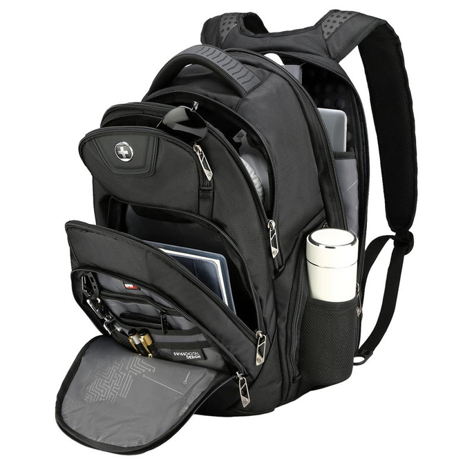 A black backpack with multiple compartments, featuring a drink bottle pocket and a logo.