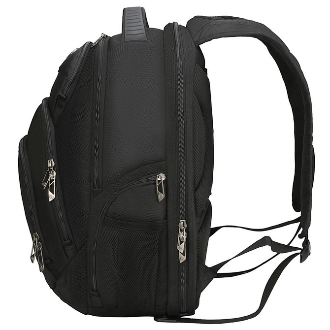 A black backpack with multiple zippers and compartments, featuring padded shoulder straps and a branding logo.
