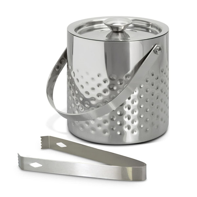 A silver ice bucket with a textured surface and a lid, accompanied by metal tongs.