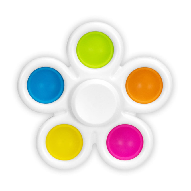A fidget spinner in the shape of a flower with blue, green, orange, pink, and yellow buttons on a white base.