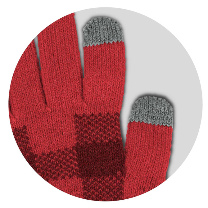 Knitted gloves in red with grey tips, featuring a textured pattern and a logo.
