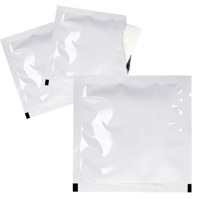 A set of three individually packaged wet wipes in clear plastic, featuring a simple design and a black border.