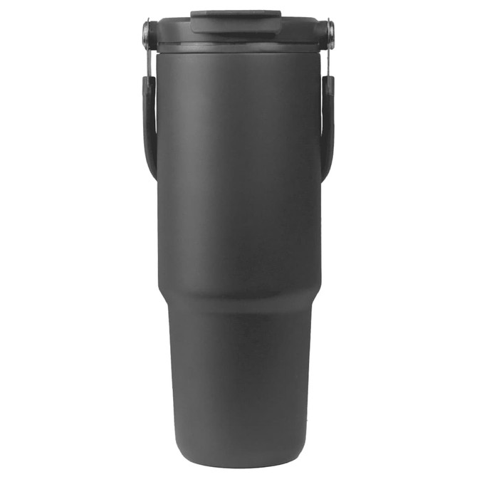 A drink bottle in matte black with a handle and a sleek, modern design. It features a logo on its surface.