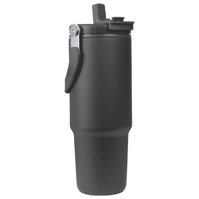 A drink bottle in matte black with a flip top and a carrying handle, featuring a logo.