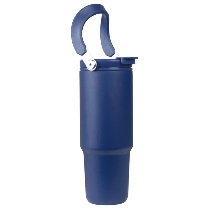 A drink bottle in navy blue with a handle and a secure lid, featuring a sleek and simple design.