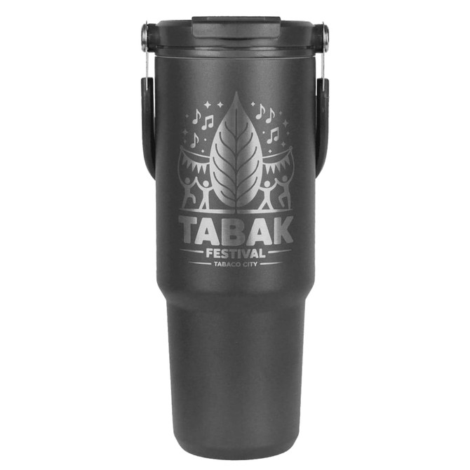 A drink bottle in a matte black finish, featuring decorative patterns and a carrying handle. It has a logo on the front.