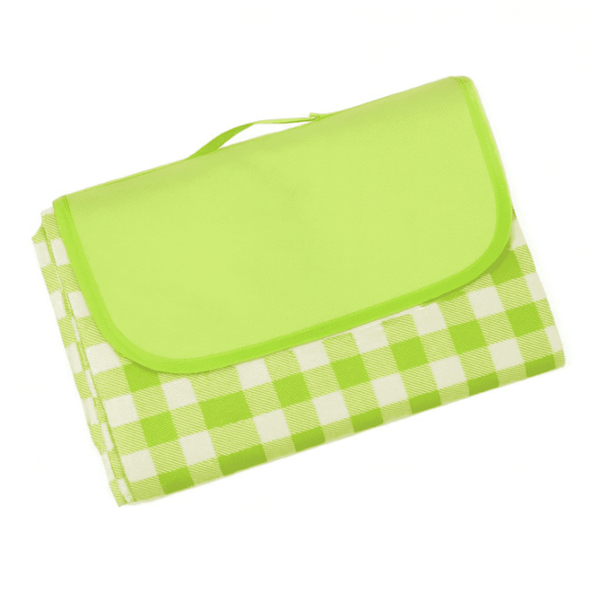 A green and white checkered picnic blanket, with a flap and carry handle, featuring a logo on the front.