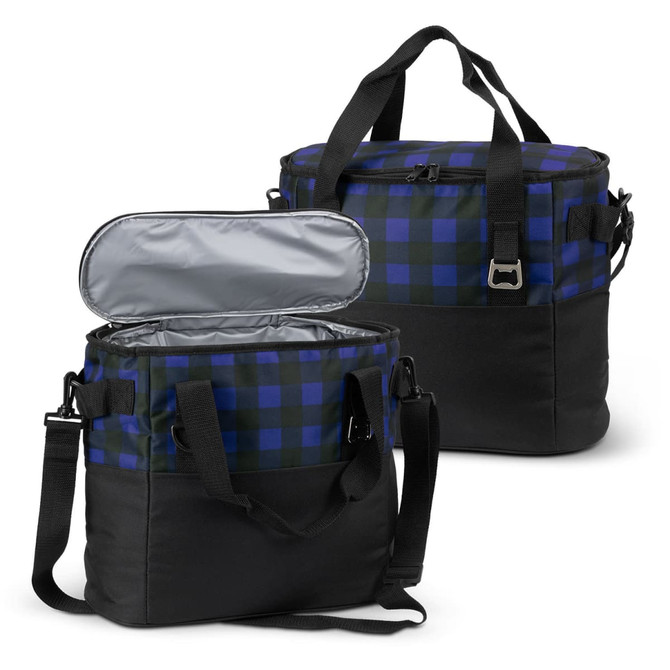 A checkered blue and green cooler bag with a silver lining, featuring dual handles and a removable strap.