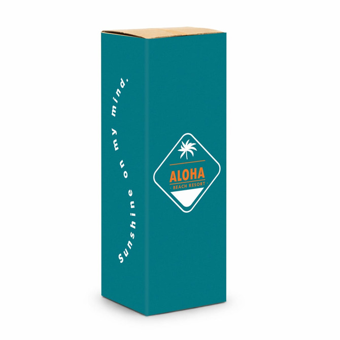 A drink bottle in a teal box featuring a logo and white text on the side. The box has a golden top.