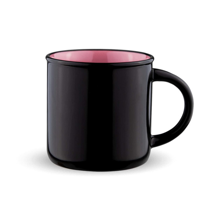 A drink bottle featuring a glossy black exterior and a contrasting pink interior, with a handle and subtle branding.