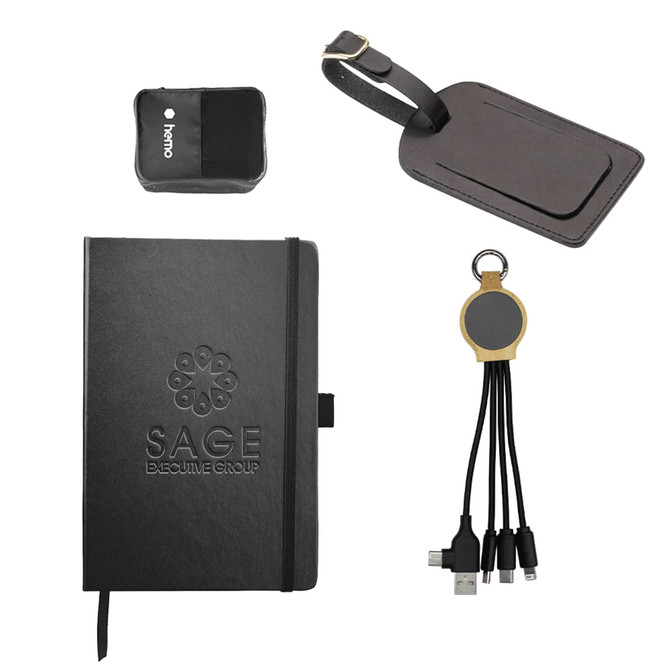 A black notebook, a luggage tag, a charging cable with multiple connectors, and a power bank, all featuring branding.