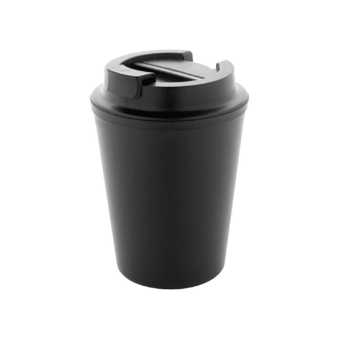A drink tumbler in matte black with a secure lid and a logo on the side.