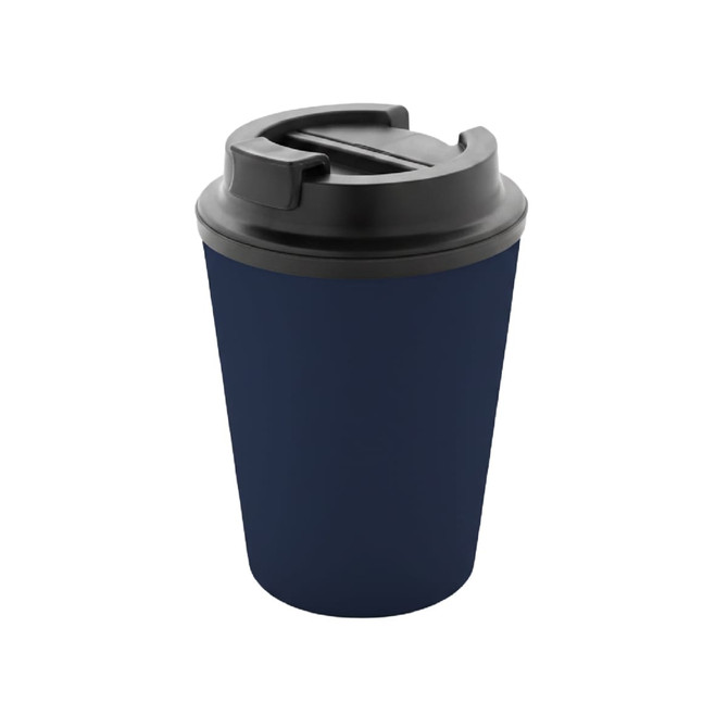 A drink bottle featuring a navy blue stainless steel body and a black lid with a sipping opening. It has a logo.