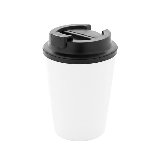 A drink bottle featuring a white body and black lid, with a logo on the side.