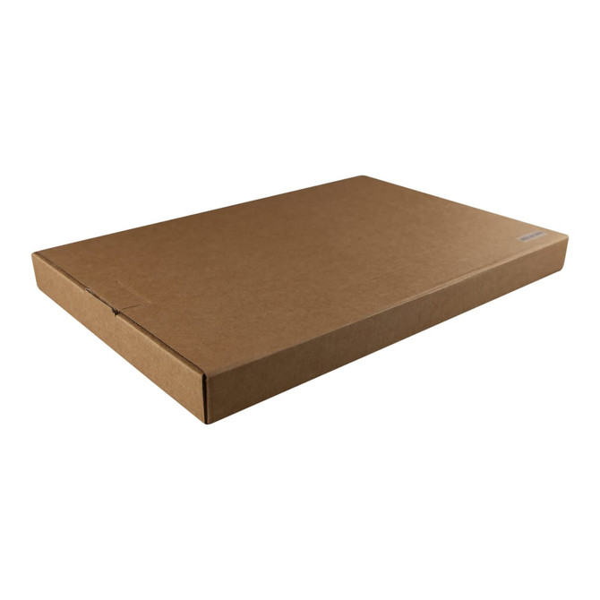 A plain brown cardboard box with a flat design and a simple closure mechanism.