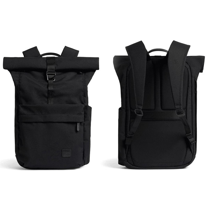 A black roll-top backpack with adjustable straps and multiple pockets. It features branding on the exterior.