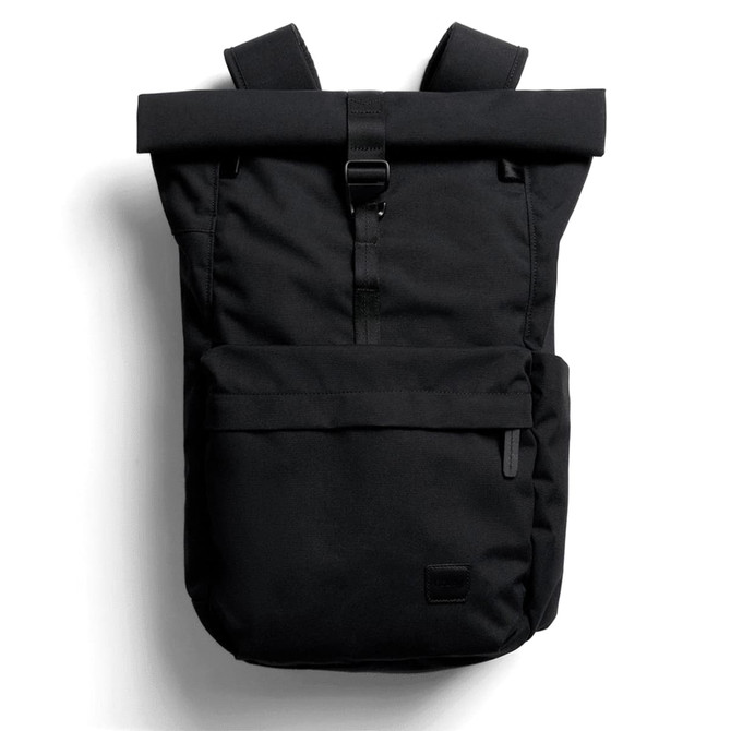 A black rolltop backpack featuring adjustable straps and multiple pockets, including a front zippered pocket.