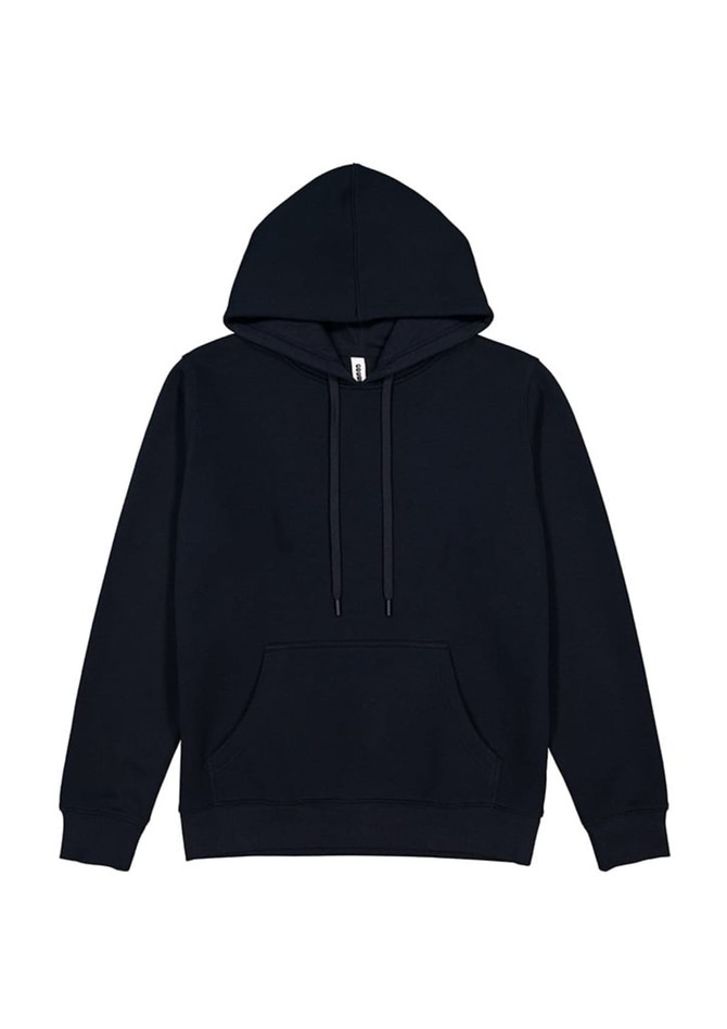 A navy women's hoodie featuring a front pocket and drawstring details, with a logo present.