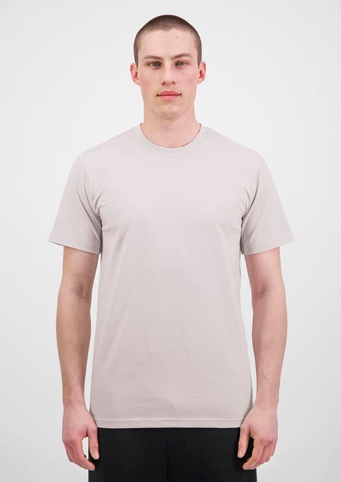A light grey short sleeve tee featuring a crew neck and casual fit, modelled by a person. The tee has a logo.