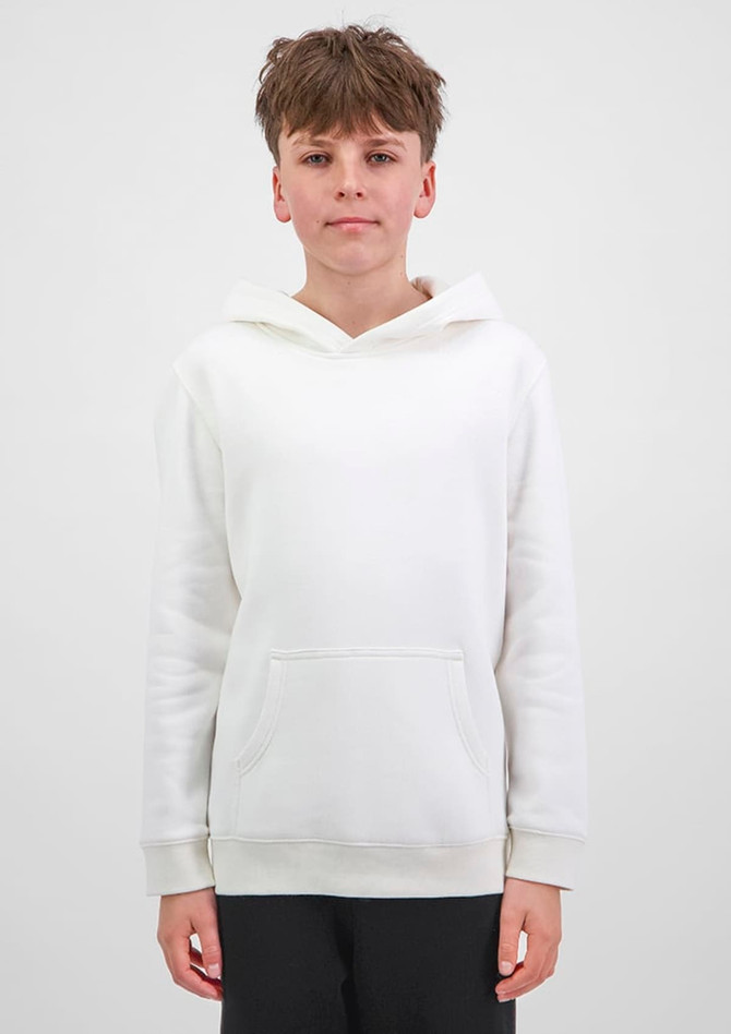 A youth hoodie in white with a front pocket and a drawstring hood, featuring a logo.
